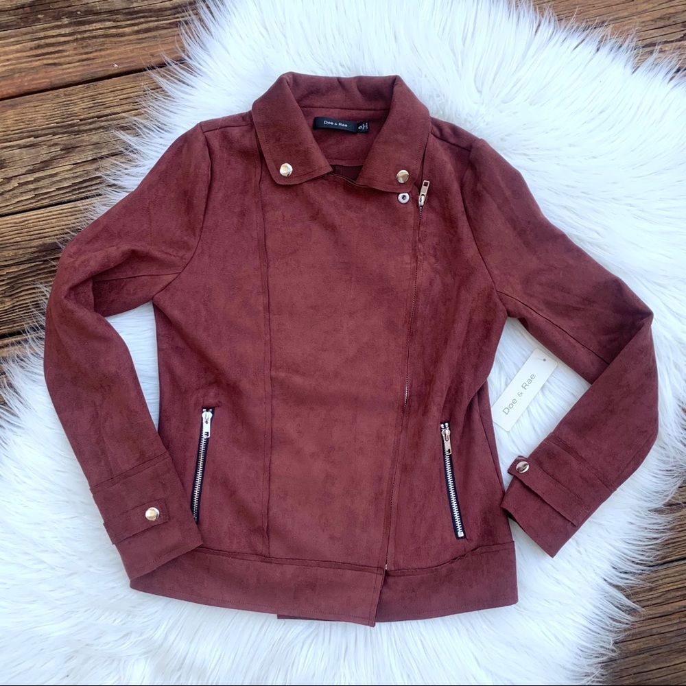 Doe & Rae Women’s Maroon Faux Suede Moto Jacket Size Small Festival Rave
